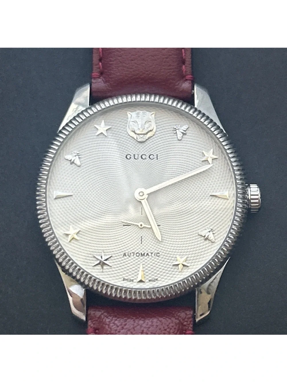 Gucci G-Timeless Automatic 40mm Watch Silver Dial Red Leather Box & Manual